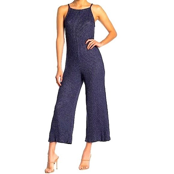 NWT LUNACHIX Heather Navy Brushed Hacci Knit Jumpsuit Size Medium - Picture 1 of 9